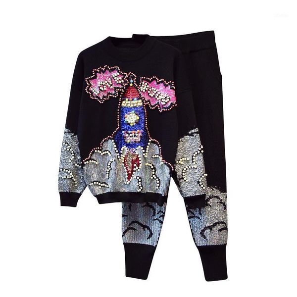 

women's tracksuits amolapha women handmade pearls sequined sweater pants sets long sleeve letters pullover costumes suits for woman1, Gray