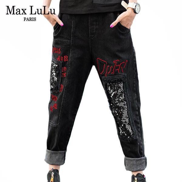 

max lulu fashion korean style ladies winter denim trousers womens punk ripped harem pants vintage sequins female printed jeans 1017, Blue