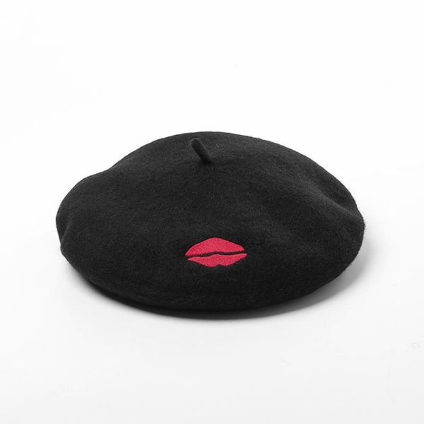 

women hats red lip embroidery pure wool beret painter cap warm vintage bonnet boina gorras chapeau femme 2020, Blue;gray