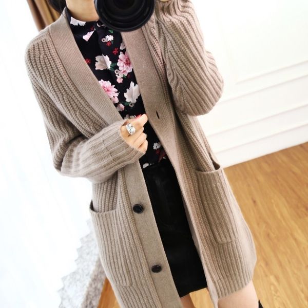 

fall winter wool cardigan women's mid-length v-neck sweater loose thick cashmere knitted jacket y200910, White;black
