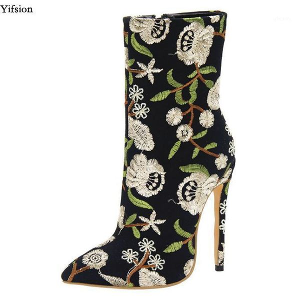 

olomm women winter boots embroidered stiletto high heel mid-calf boots pointed toe green blue prom shoes women us size 4-151, Black