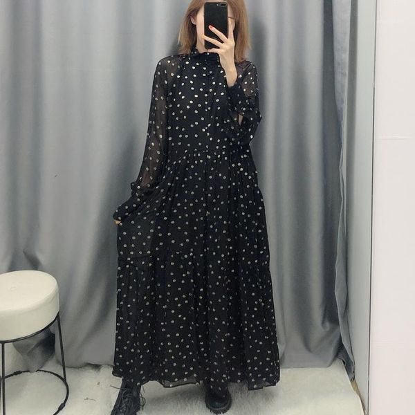 

long dress women spring 2020 new fashion metallic polka dot prints modern lady black chiffon dresses1, Black;gray