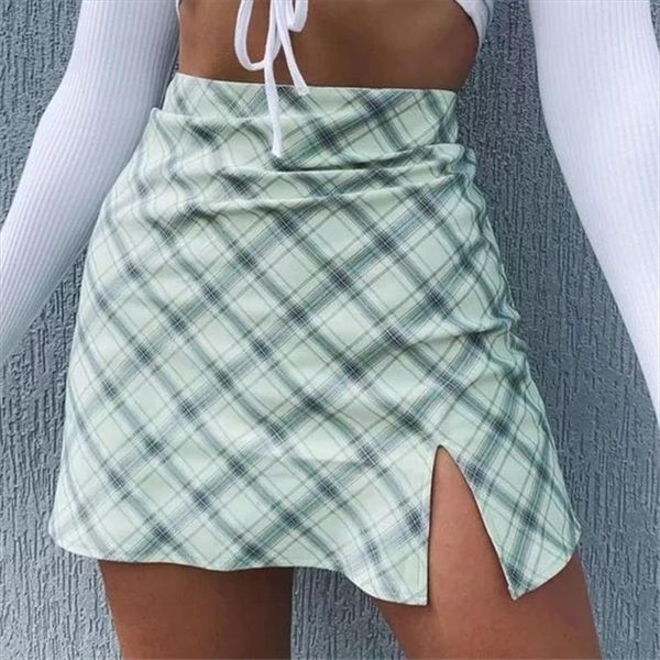 

green plaid printting skirts high split high waist skirts for women mini vintage female lady spring 2021 school skirt, Black