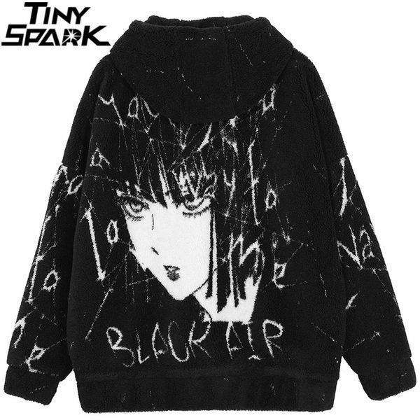 

hip hop parka jacket mens streetwear anime girl graffiti jacket coat harajuku cotton jacket winter outwear fleece thick 201028, Black
