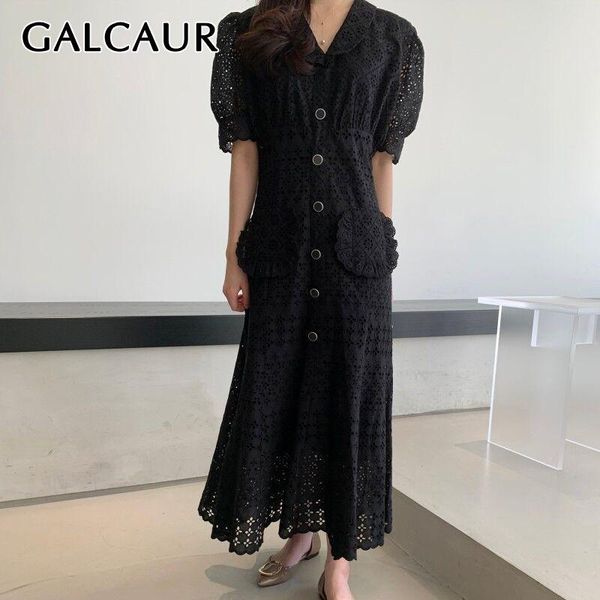 

galcaur elegant hollow out dress women v neck puff sleeve high waist tunic patchwork pocket maxi trumpet dresses female 2020 new, Black;gray