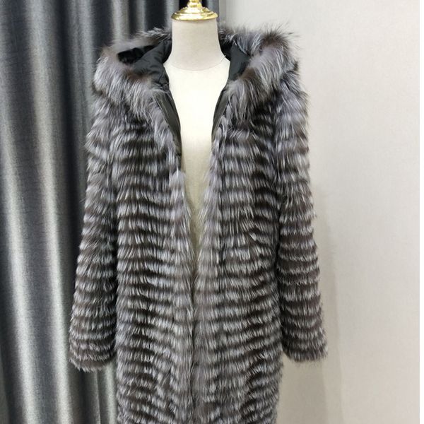 Real Prata Fox Fur Casaco Mulheres Inverno Natural Peles Casaco Feminino Outerwear Com Capuz Overcoats Slim 201103