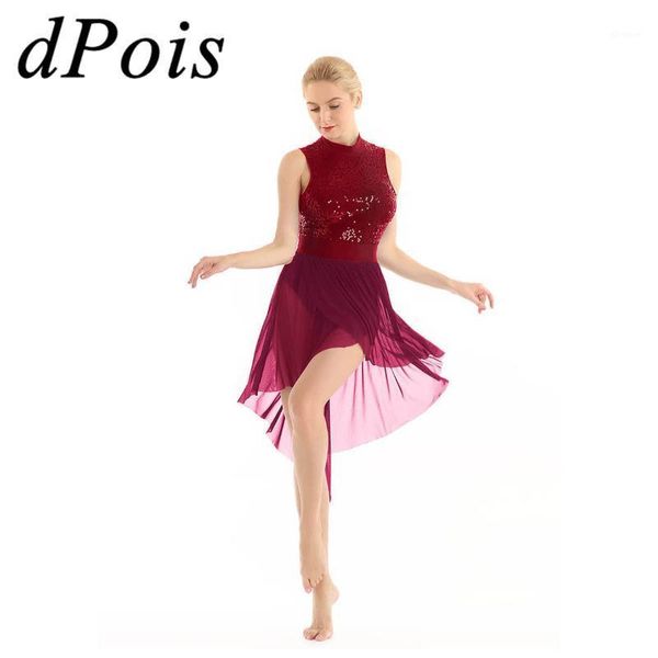 

women halter neck irregular ballet skirt stage dance dress shiny sequined mesh gymnastics leotard lyrical praise dresses1, Black;red