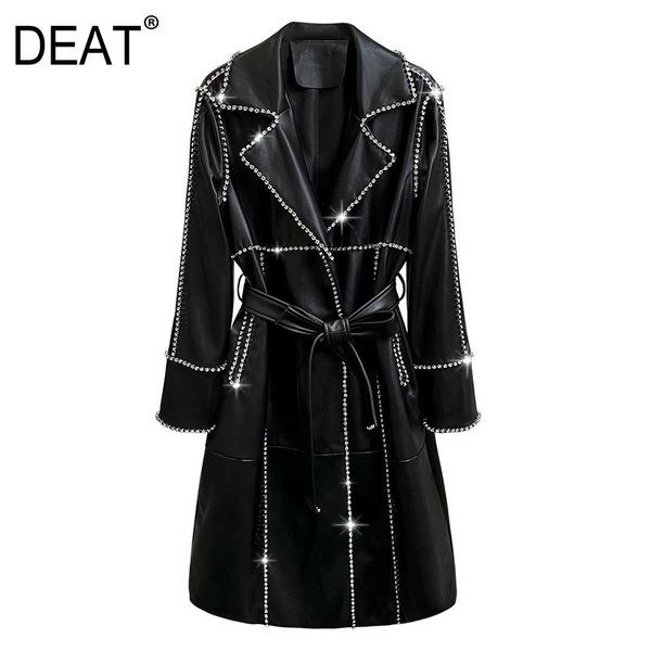 

deat 2020 new autumn and winter turn-down collar full sleeves beading high waist pu leather long windbreaker female jacket, Tan;black