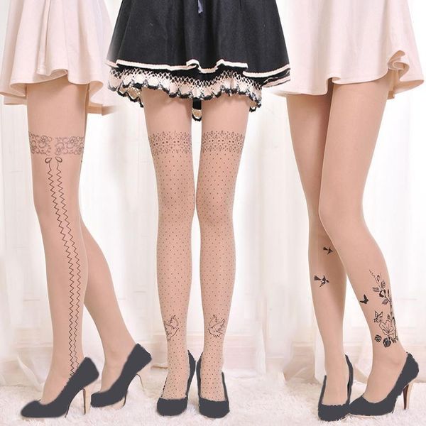 

women fake tattoo printed stockings velvet pantyhose slim thin stockings thighs high stretch bottoming1, Black;white