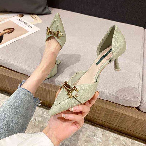 

dress shoes women 2022 new pointed high heels classic metal buckle shallow mouth pumps stiletto sandals 220310, Black