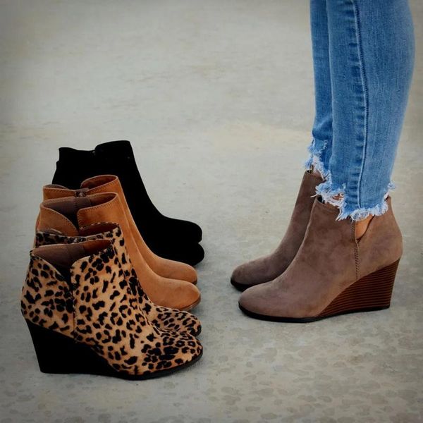

dress shoes jodimitty pointed toe booties winter women leopard ankle boots footwear platform high heels wedges woman bota feminina, Black