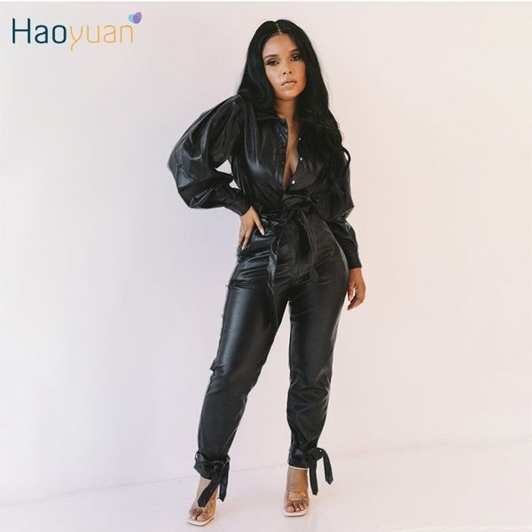 

haoyuan pu leather two piece set jumpsuit long sleeve coat+bandage pants fall winter women fashion clothing club outfits 201007, Black;white