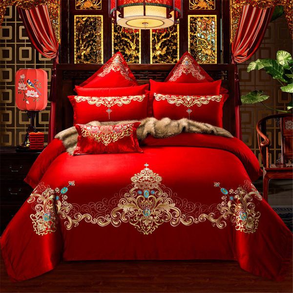

2019 red luxury golden wedding bedding sets king queen size bed set bedspread bed sheet set decoration duvet cover