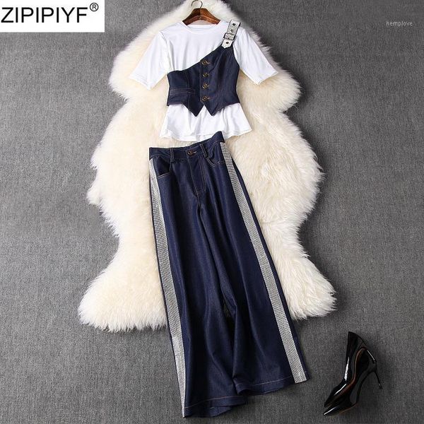 

2020 summer 2 piece pant suits for women casual o-neck short sleeve shirt and beading wide leg pants women suit outwear1, White