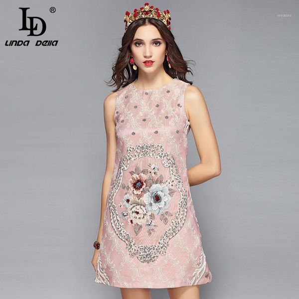 

ld linda della new 2018 runway designer autumn dress woemn's sleeveless beading flower jacquard elegant short dress vestido1, Black;gray