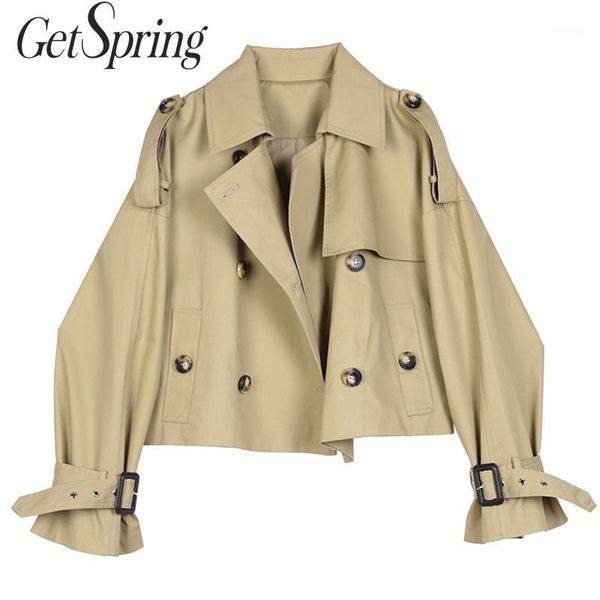 

getspring women coat khaki thin short coats jackets women double breasted vintage all match autumn short coat 2020 new fashion1, Black;brown