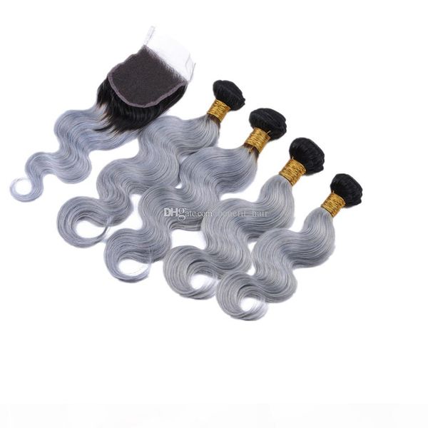 

dark roots grey color body wavy 3bundles with lace closure body wave hair extensions with ombre colored 1b grey closure 4x4, Black;brown