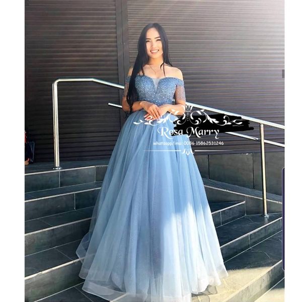 

party dresses luxury plus size blue sequined prom 2021 a line off shoulder beadings arabic pageant formal vestido de fiesta noche, White;black