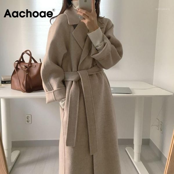 

aachoae women elegant long wool coat with belt solid color long sleeve chic outerwear ladies overcoat autumn winter 20201, Black