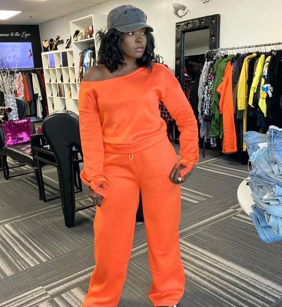 

vavcy 2020 autumn pant women set solid off the shoulder sweatshirt + pant lounge outfit1, Gray