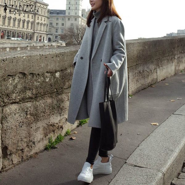 

2020 zanzea winter women lapel wool blends coat female sleeve double-breasted long jacket casual plus size solid outerwear c1111, Black