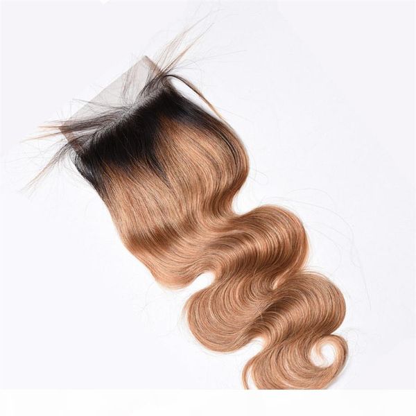 

ombre honey blonde 4*4 lace closure with baby hair around body wave brazilian virgin human hair 1pc t1b 27 closure bleached knots, Black;brown