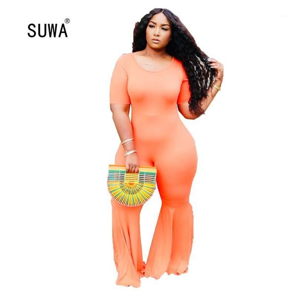 

2020 summer evening party club bodycon jumpsuits and rompers for women's short sleeve high waist one piece flare pants overalls1, Black;white