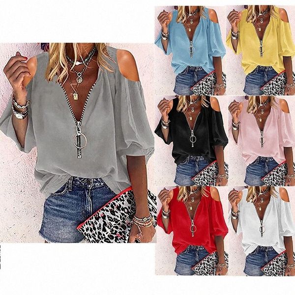 

women's solid color long-sleeved v-neck zipper women's shirts women's l6nb#, White