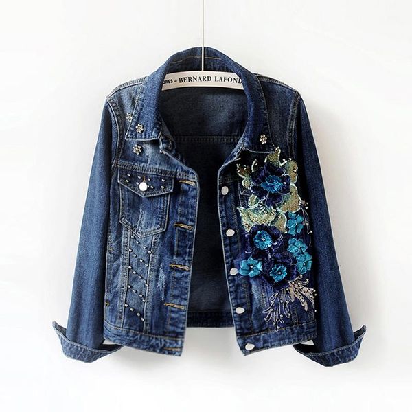 

harajuku denim jacket women basic coat spring 3d flower sequin embroidery jeans jacket women denim coat big size loose outerwear, Black;brown