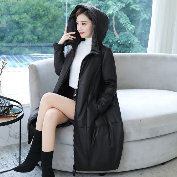 

popular women's 2021 leather mid-length new down cotton fashion on the knee sheep's fur coat 3paw, Black