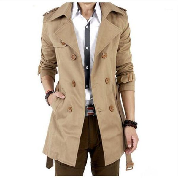 

new fashion men solid slim trench coat england style long jacket overcoat double breasted british style overcoat1, Tan;black