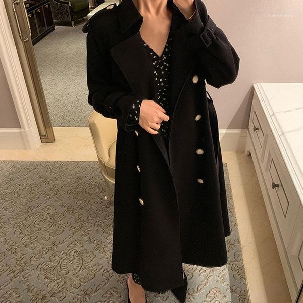 

women's trench coats 20220 high-end double-breasted suit collar lace-up western-style over-the-knee windbreaker jacket women's mid, Tan;black