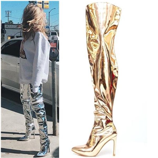 

boots pointed toe thigh high for women patent leather over the knee booties stiletto heels pumps gold silver long, Black