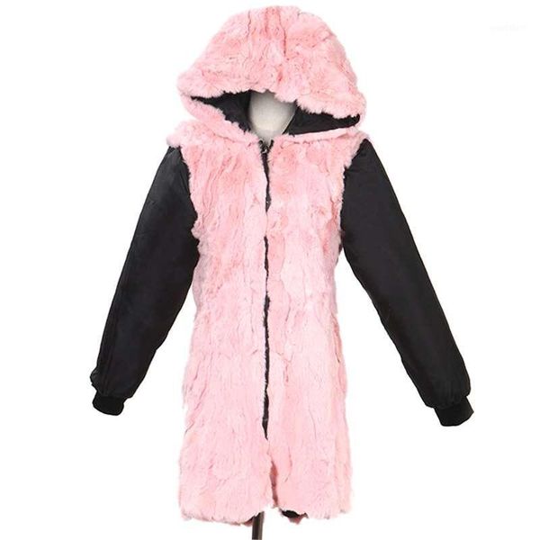 

real fur coat winter jacket women fur parka only inner liner does not contain collar outer shell hooded thickness1, Black
