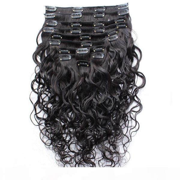 

wet and wavy clip indian human hair extensions full head clip in hair extensions water wave 10pcs set 120g set ing, Black;brown