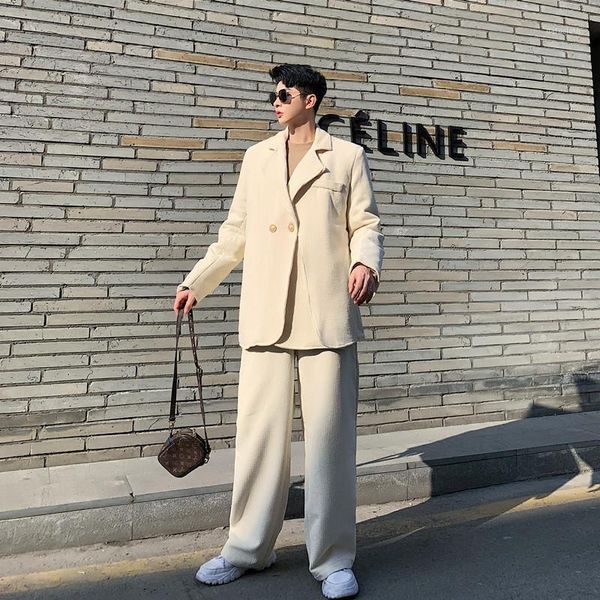 

men 2 pieces vintage corduroy casual suits sets male streetwear fashion show suit coat elastic waist pant stage clothing1, White;black