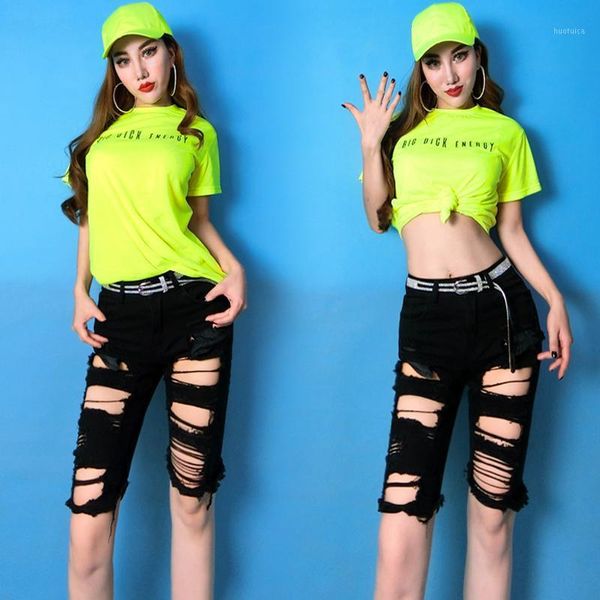 

new jazz dance costumes female hip hop street dancing practice clothes rave bar dj short sleeve hole denim shorts suit dnv119801, Black;red