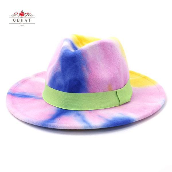 

stingy brim hats qbhat wholesale latest fashion design tie dye print colorful rainbow felt fedora hat for women wide panama jazz party cap, Blue;gray