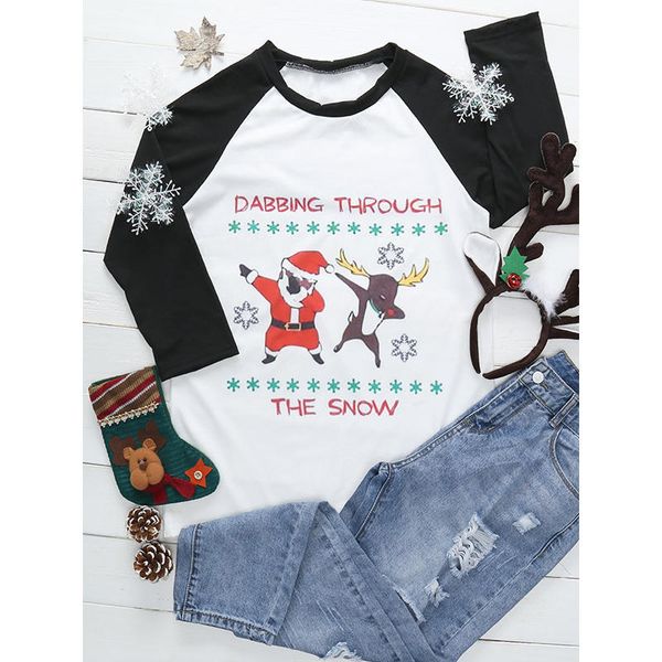

women leisure soft santa printing long sleeve casual winter warm bottoming stitching round neck t-shirts, White