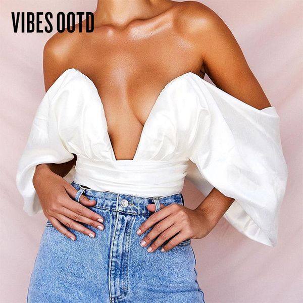 

women's blouses & shirts vibesootd fashion satin women off shoulder plunge strapless bow lace up backless ladies cropped streetwear, White