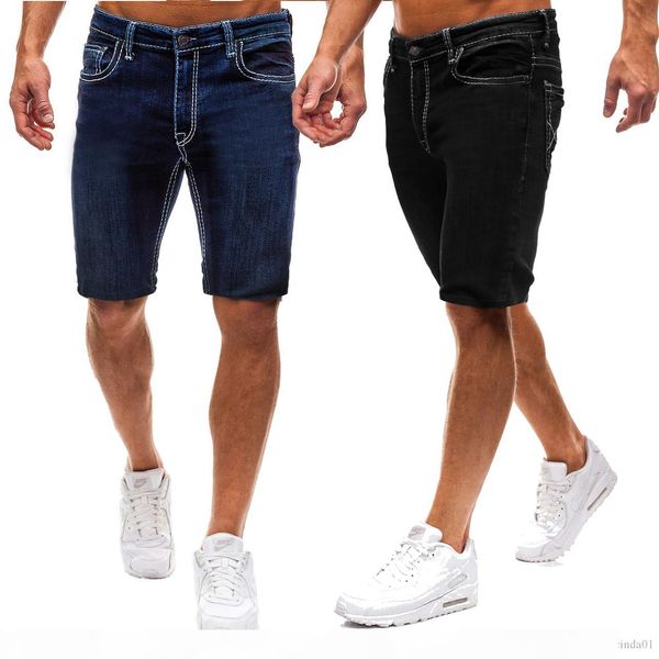 

new mens pure color slim fit european size casual style denim fashionable knee length short jeans, Blue