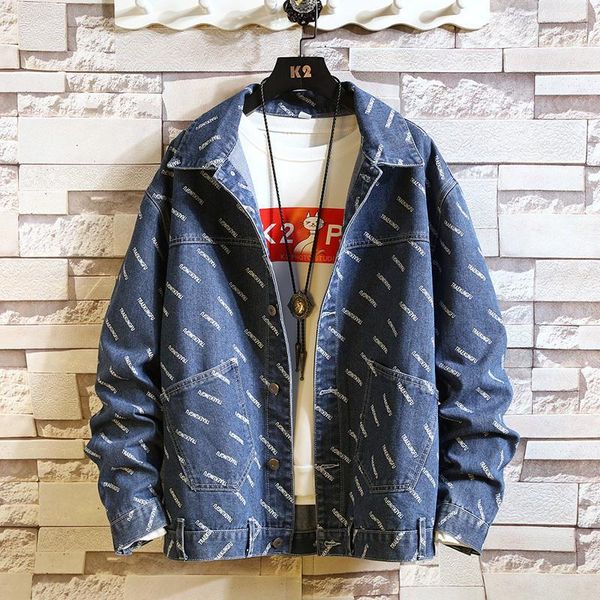

spring denim jacket men's fashion washed letter printing casual denim jacket man streetwear hip hop loose bomber m-5xl1, Black;brown