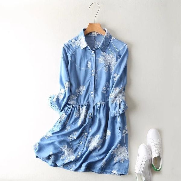 

iygc8 korean-style fashionable embroidered lapel slim mid-length s7093 denim waist shirt korean-style fashionable embroidered lapel slim dre, Black;gray