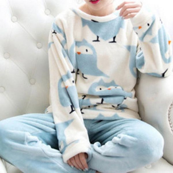 

zity winter pajama women korean sleepwear cute cartoon flannel pajamas set velvet warm pijama round neck pyjama 201109, Black;red