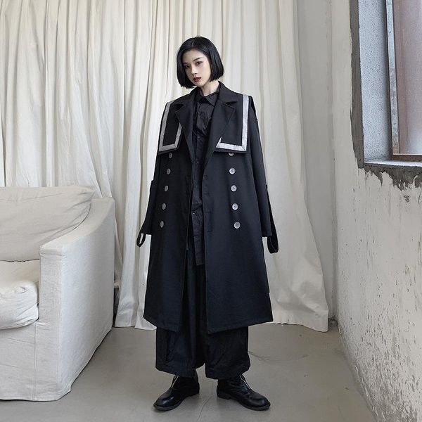 Trench da donna Donna Yohji Nastro Collo grande Giacca lunga Giacca a vento allentata Donna Giappone Vintage Doppio petto Cappotto gotico streetwear