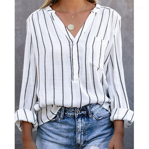 

elegant striped print blouse shirts office lady 2020 summer short sleeve loose blouses women casual button v-neck 1, White