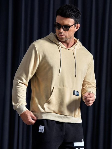 

extended sizes men patch detail drawstring hoodie d7cg#, Black