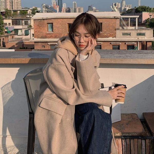 

women's wool & blends autumn winter korean version of fake quilted hooded woolen coat women loose over the knee long, Black