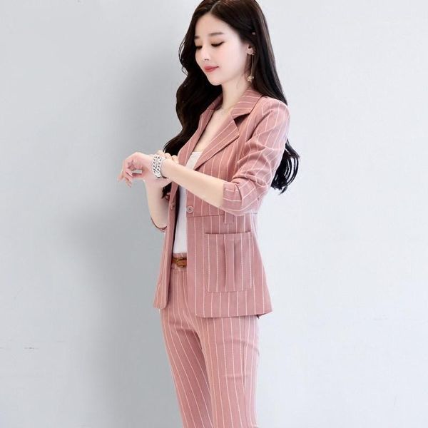 

women's suits & blazers european style womens fashion elegant striped lady blazer office slim pink jacket long pants two pieces suit1, White;black