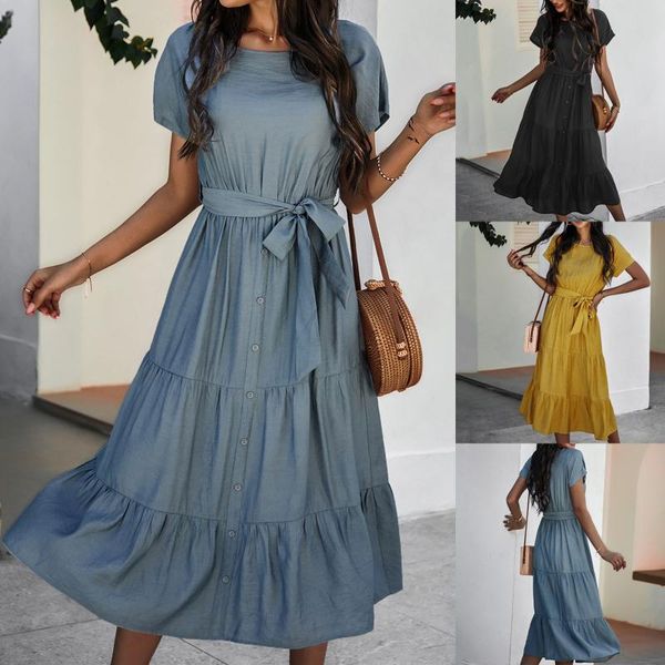 

casual dresses women spring summer dress with belt short sleeve o neck ruffle female long 2021 retro vestido mujer, Black;gray